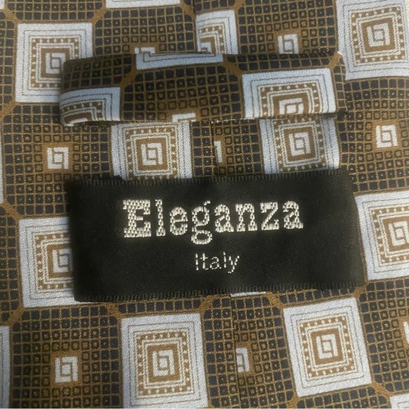Eleganza Italy Men’s Handmade Microfibre And Silk Tie Geometric Brown And Blue - Picture 2 of 7